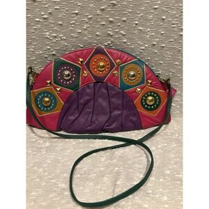 Vintage 80s Boho Colorblock Leather Crossbody Purse Geometric Studded Bag Tassle